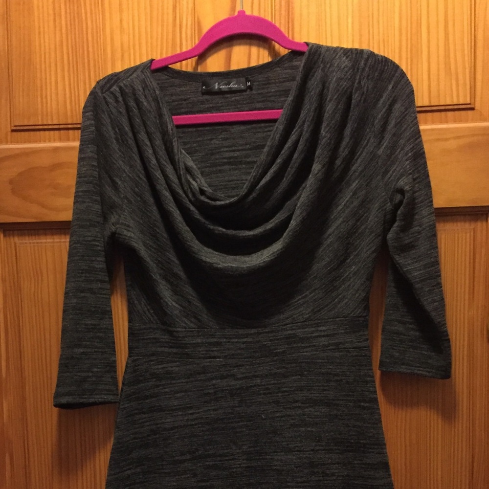 Grey Knit A-Line Cowl Neck Dress M